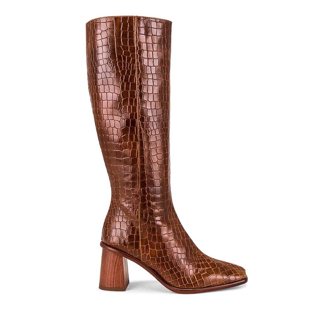 ALOHAS Brown Croc-Embossed Knee High Genuine Leather Boots